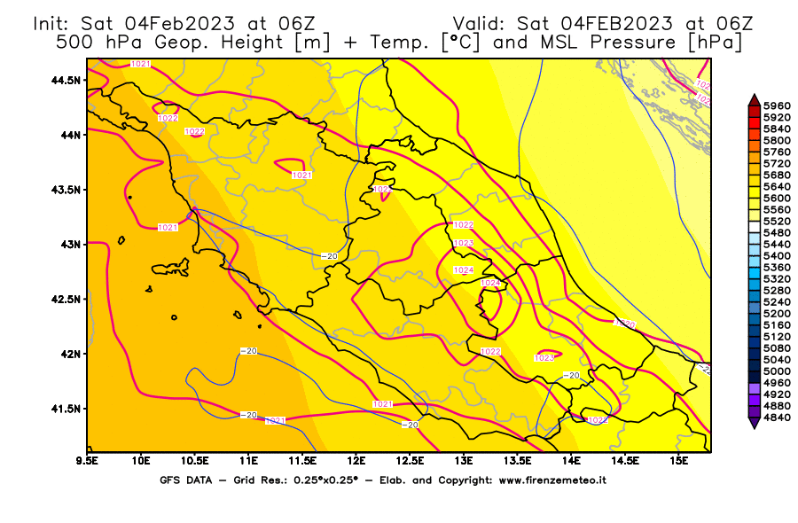 Mappa di analisi GFS - Geopotenziale [m] + Temp. [°C] a 500 hPa + Press. a livello del mare [hPa] in Centro-Italia
							del 04/02/2023 06 <!--googleoff: index-->UTC<!--googleon: index-->