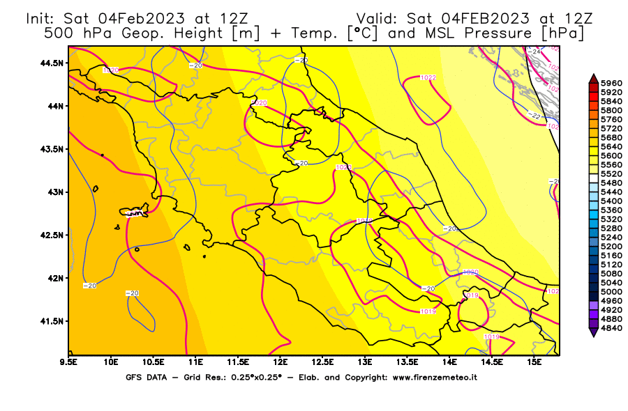 Mappa di analisi GFS - Geopotenziale [m] + Temp. [°C] a 500 hPa + Press. a livello del mare [hPa] in Centro-Italia
							del 04/02/2023 12 <!--googleoff: index-->UTC<!--googleon: index-->