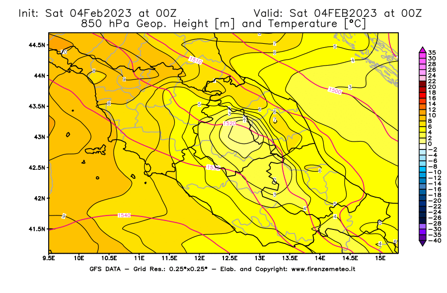 Mappa di analisi GFS - Geopotenziale [m] e Temperatura [°C] a 850 hPa in Centro-Italia
							del 04/02/2023 00 <!--googleoff: index-->UTC<!--googleon: index-->