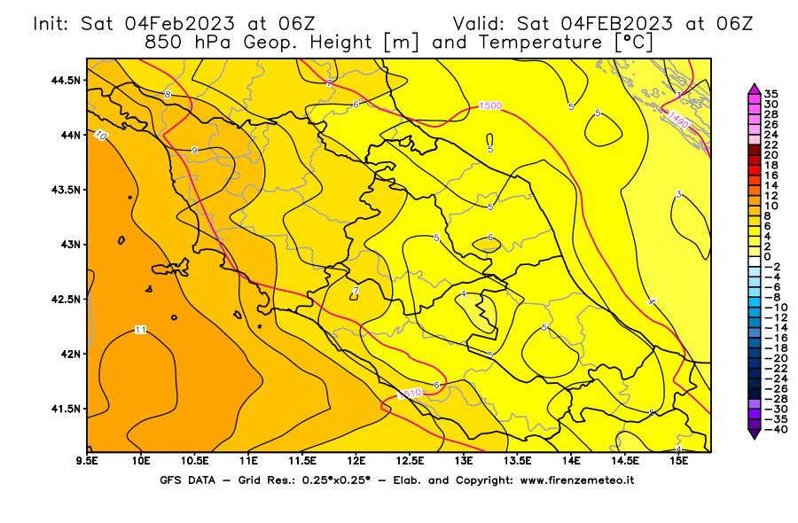 Mappa di analisi GFS - Geopotenziale [m] e Temperatura [°C] a 850 hPa in Centro-Italia
							del 04/02/2023 06 <!--googleoff: index-->UTC<!--googleon: index-->