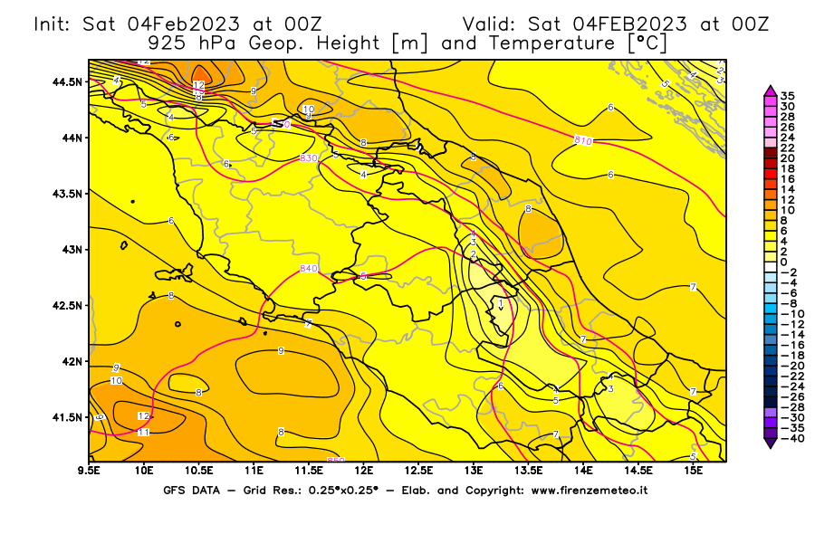 Mappa di analisi GFS - Geopotenziale [m] e Temperatura [°C] a 925 hPa in Centro-Italia
							del 04/02/2023 00 <!--googleoff: index-->UTC<!--googleon: index-->