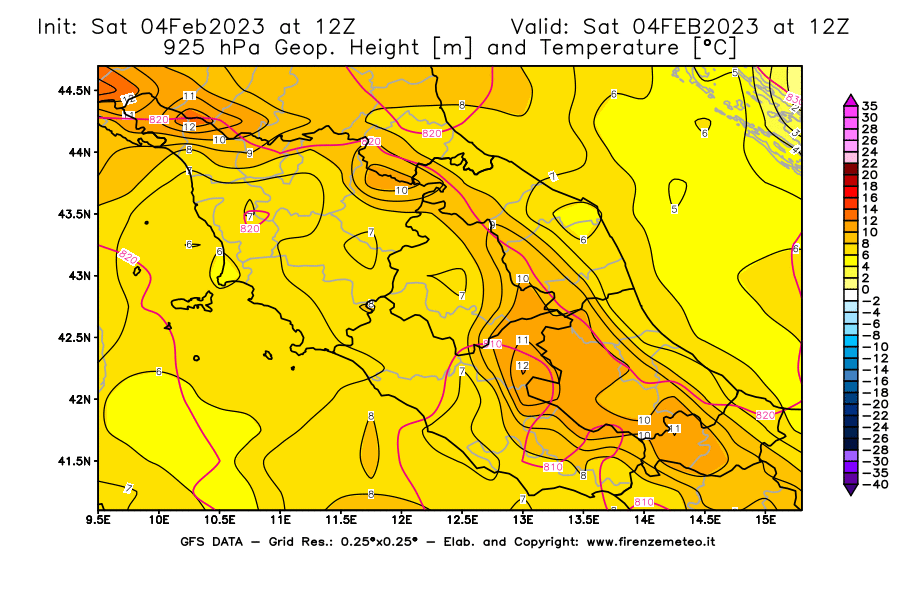 Mappa di analisi GFS - Geopotenziale [m] e Temperatura [°C] a 925 hPa in Centro-Italia
							del 04/02/2023 12 <!--googleoff: index-->UTC<!--googleon: index-->