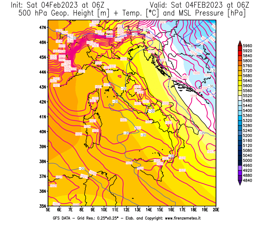 Mappa di analisi GFS - Geopotenziale [m] + Temp. [°C] a 500 hPa + Press. a livello del mare [hPa] in Italia
							del 04/02/2023 06 <!--googleoff: index-->UTC<!--googleon: index-->
