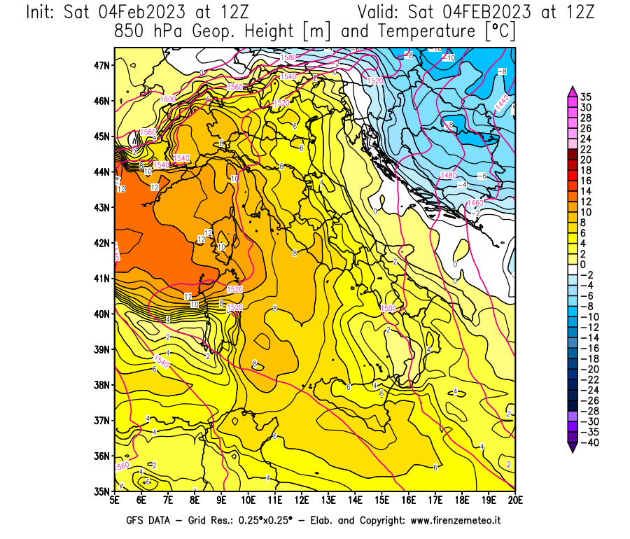 Mappa di analisi GFS - Geopotenziale [m] e Temperatura [°C] a 850 hPa in Italia
							del 04/02/2023 12 <!--googleoff: index-->UTC<!--googleon: index-->
