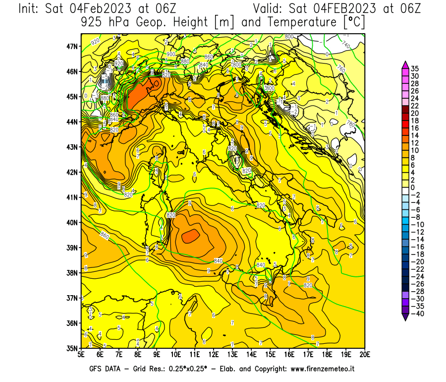 Mappa di analisi GFS - Geopotenziale [m] e Temperatura [°C] a 925 hPa in Italia
							del 04/02/2023 06 <!--googleoff: index-->UTC<!--googleon: index-->