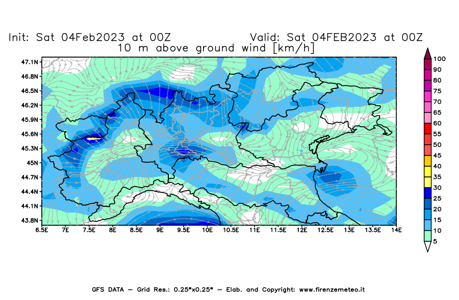 Mappa di analisi GFS - Velocità del vento a 10 metri dal suolo [km/h] in Nord-Italia
							del 04/02/2023 00 <!--googleoff: index-->UTC<!--googleon: index-->