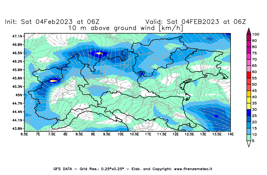 Mappa di analisi GFS - Velocità del vento a 10 metri dal suolo [km/h] in Nord-Italia
							del 04/02/2023 06 <!--googleoff: index-->UTC<!--googleon: index-->