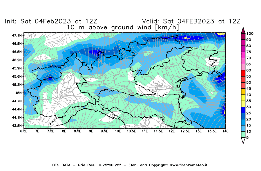 Mappa di analisi GFS - Velocità del vento a 10 metri dal suolo [km/h] in Nord-Italia
							del 04/02/2023 12 <!--googleoff: index-->UTC<!--googleon: index-->