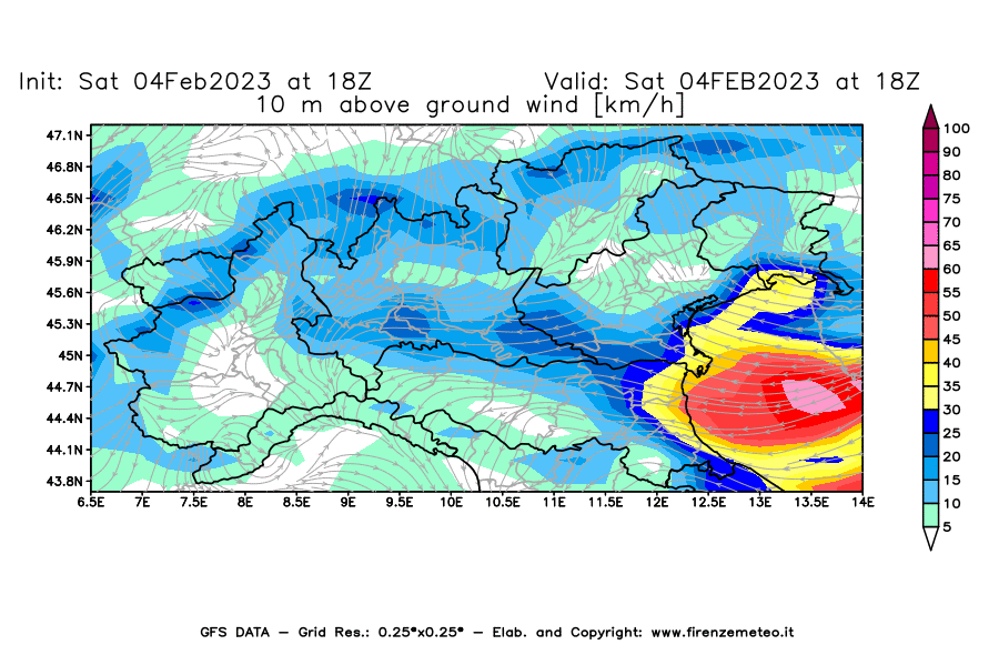 Mappa di analisi GFS - Velocità del vento a 10 metri dal suolo [km/h] in Nord-Italia
							del 04/02/2023 18 <!--googleoff: index-->UTC<!--googleon: index-->