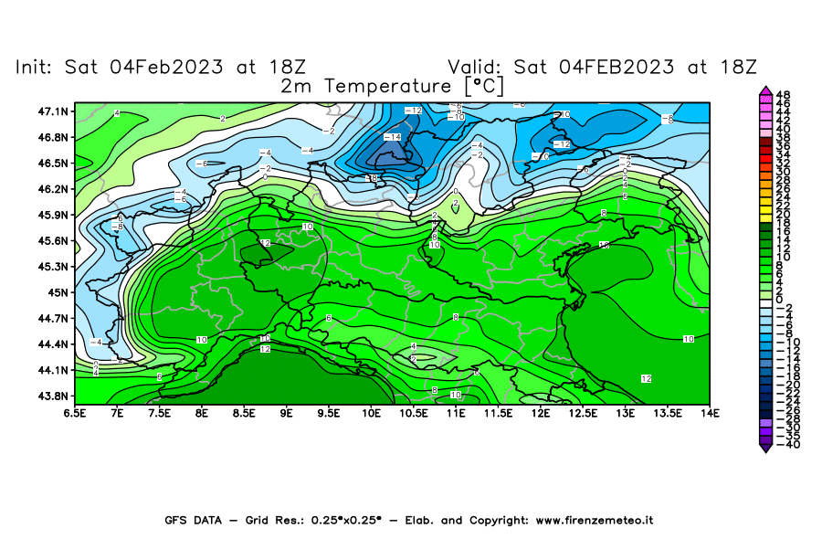 Mappa di analisi GFS - Temperatura a 2 metri dal suolo [°C] in Nord-Italia
							del 04/02/2023 18 <!--googleoff: index-->UTC<!--googleon: index-->