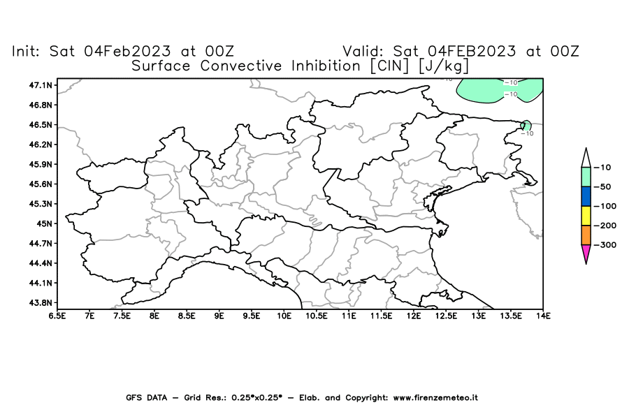 Mappa di analisi GFS - CIN [J/kg] in Nord-Italia
							del 04/02/2023 00 <!--googleoff: index-->UTC<!--googleon: index-->