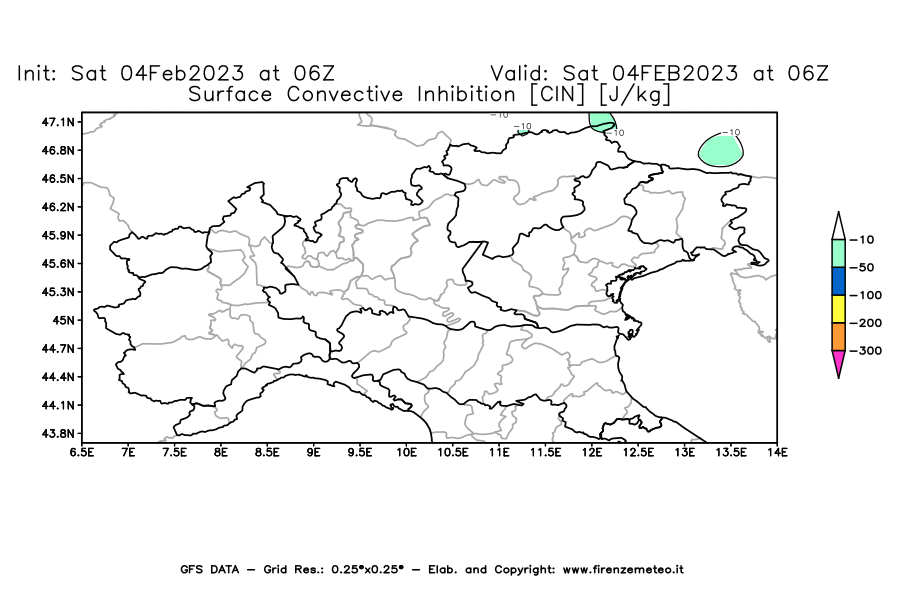 Mappa di analisi GFS - CIN [J/kg] in Nord-Italia
							del 04/02/2023 06 <!--googleoff: index-->UTC<!--googleon: index-->