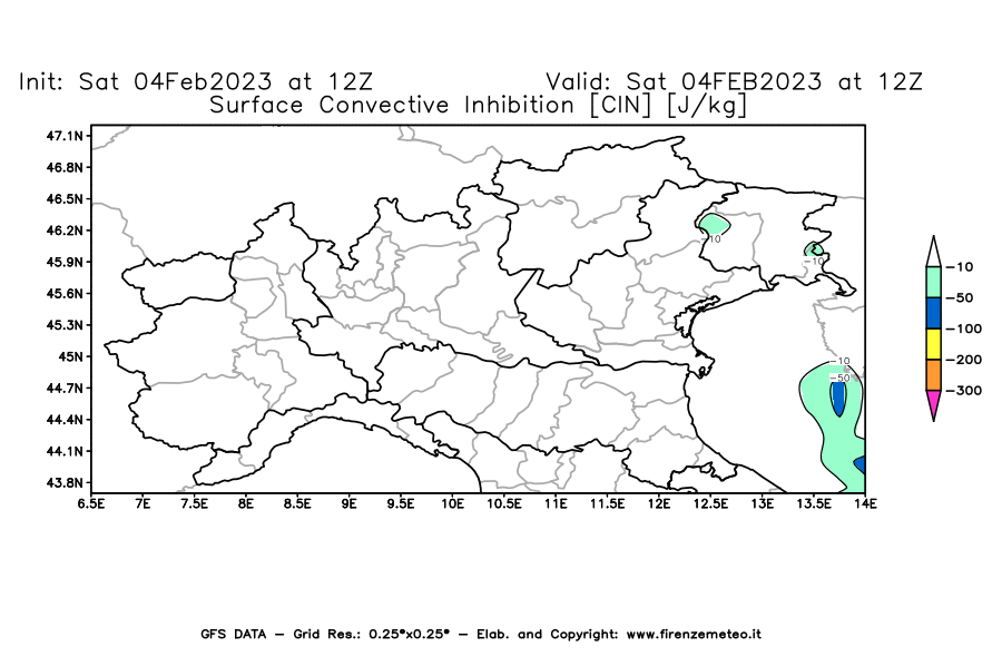 Mappa di analisi GFS - CIN [J/kg] in Nord-Italia
							del 04/02/2023 12 <!--googleoff: index-->UTC<!--googleon: index-->