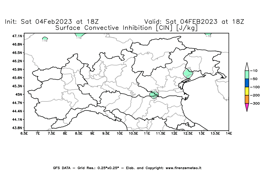 Mappa di analisi GFS - CIN [J/kg] in Nord-Italia
							del 04/02/2023 18 <!--googleoff: index-->UTC<!--googleon: index-->