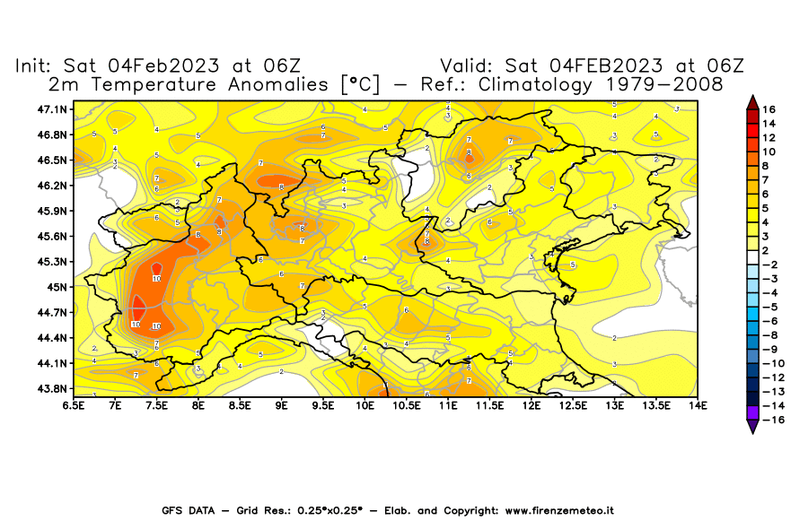 Mappa di analisi GFS - Anomalia Temperatura [°C] a 2 m in Nord-Italia
							del 04/02/2023 06 <!--googleoff: index-->UTC<!--googleon: index-->
