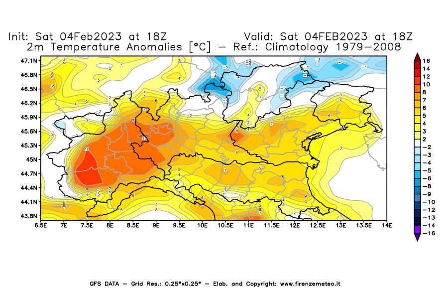 Mappa di analisi GFS - Anomalia Temperatura [°C] a 2 m in Nord-Italia
							del 04/02/2023 18 <!--googleoff: index-->UTC<!--googleon: index-->