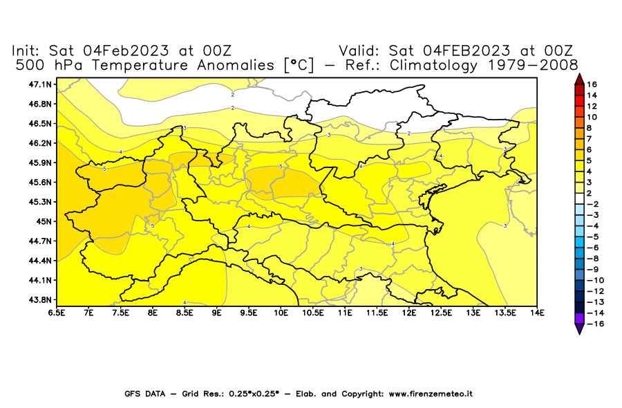 Mappa di analisi GFS - Anomalia Temperatura [°C] a 500 hPa in Nord-Italia
							del 04/02/2023 00 <!--googleoff: index-->UTC<!--googleon: index-->