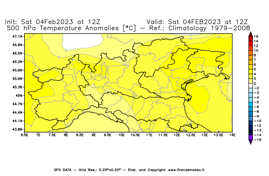 Mappa di analisi GFS - Anomalia Temperatura [°C] a 500 hPa in Nord-Italia
							del 04/02/2023 12 <!--googleoff: index-->UTC<!--googleon: index-->