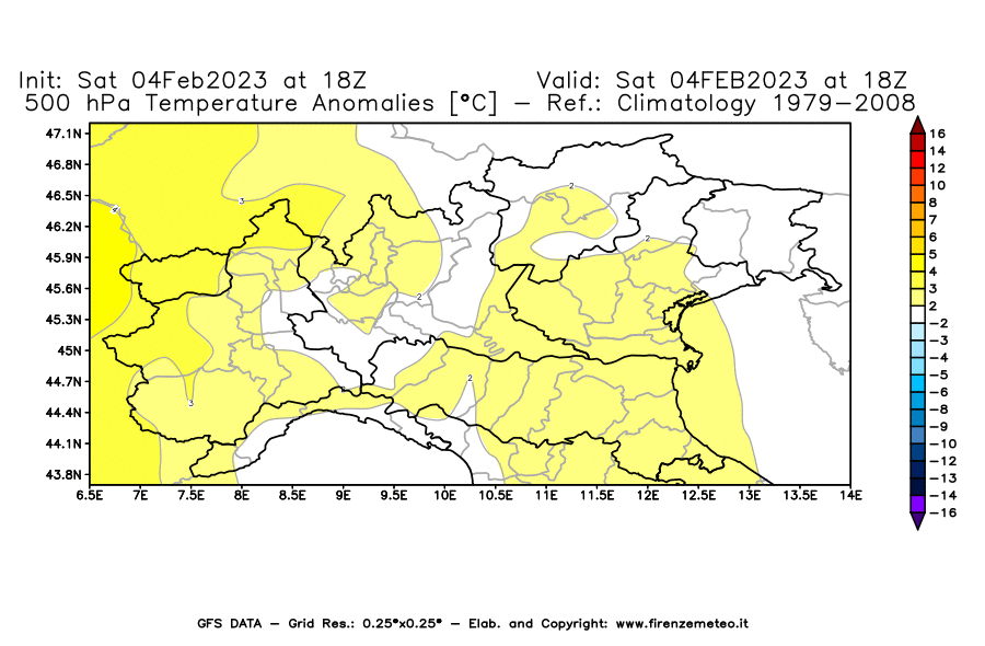 Mappa di analisi GFS - Anomalia Temperatura [°C] a 500 hPa in Nord-Italia
							del 04/02/2023 18 <!--googleoff: index-->UTC<!--googleon: index-->