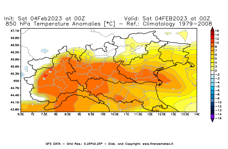 Mappa di analisi GFS - Anomalia Temperatura [°C] a 850 hPa in Nord-Italia
							del 04/02/2023 00 <!--googleoff: index-->UTC<!--googleon: index-->