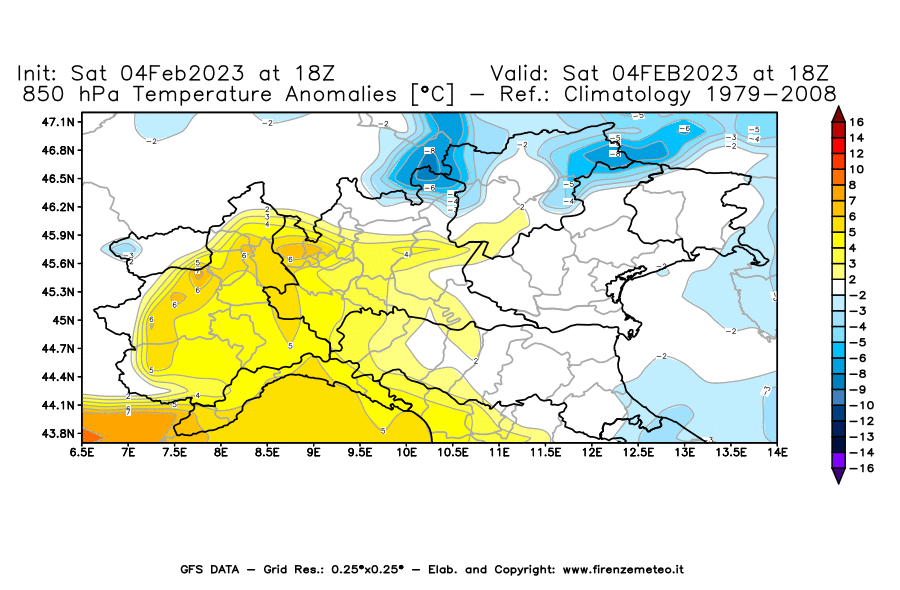 Mappa di analisi GFS - Anomalia Temperatura [°C] a 850 hPa in Nord-Italia
							del 04/02/2023 18 <!--googleoff: index-->UTC<!--googleon: index-->