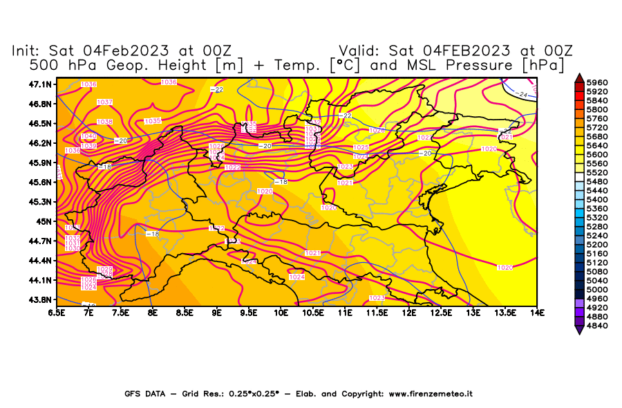 Mappa di analisi GFS - Geopotenziale [m] + Temp. [°C] a 500 hPa + Press. a livello del mare [hPa] in Nord-Italia
							del 04/02/2023 00 <!--googleoff: index-->UTC<!--googleon: index-->