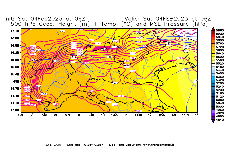 Mappa di analisi GFS - Geopotenziale [m] + Temp. [°C] a 500 hPa + Press. a livello del mare [hPa] in Nord-Italia
							del 04/02/2023 06 <!--googleoff: index-->UTC<!--googleon: index-->