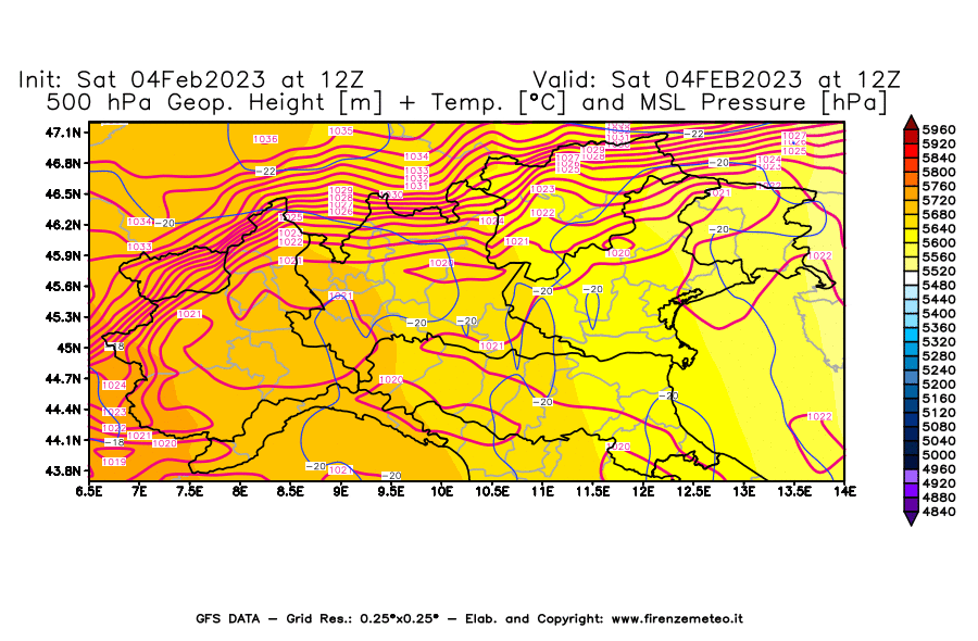 Mappa di analisi GFS - Geopotenziale [m] + Temp. [°C] a 500 hPa + Press. a livello del mare [hPa] in Nord-Italia
							del 04/02/2023 12 <!--googleoff: index-->UTC<!--googleon: index-->