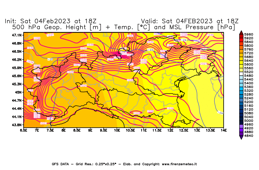 Mappa di analisi GFS - Geopotenziale [m] + Temp. [°C] a 500 hPa + Press. a livello del mare [hPa] in Nord-Italia
							del 04/02/2023 18 <!--googleoff: index-->UTC<!--googleon: index-->