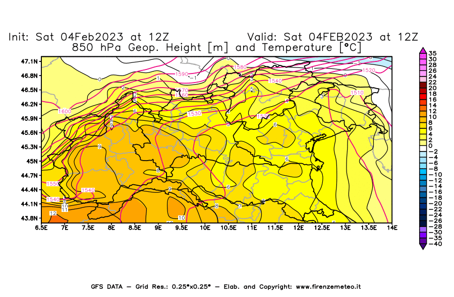 Mappa di analisi GFS - Geopotenziale [m] e Temperatura [°C] a 850 hPa in Nord-Italia
							del 04/02/2023 12 <!--googleoff: index-->UTC<!--googleon: index-->