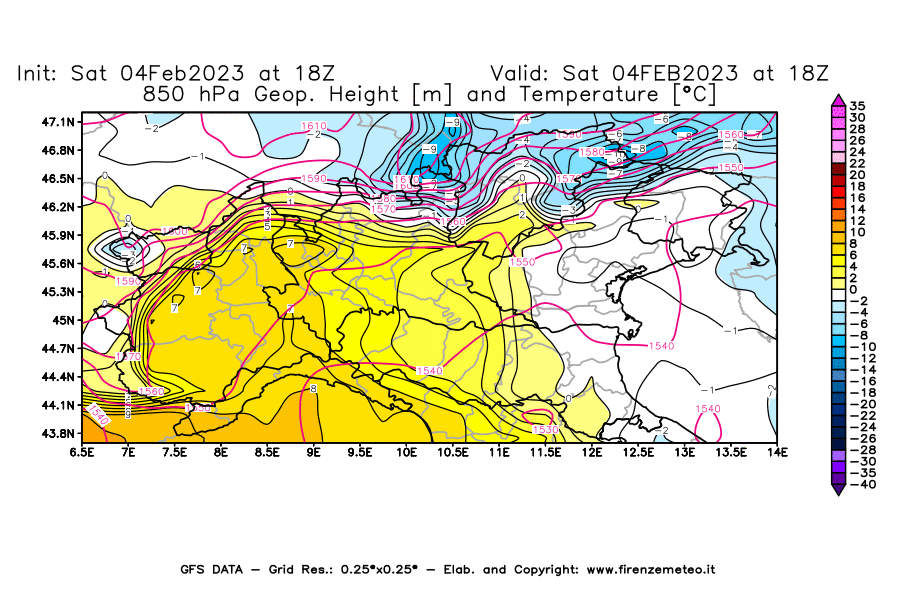 Mappa di analisi GFS - Geopotenziale [m] e Temperatura [°C] a 850 hPa in Nord-Italia
							del 04/02/2023 18 <!--googleoff: index-->UTC<!--googleon: index-->