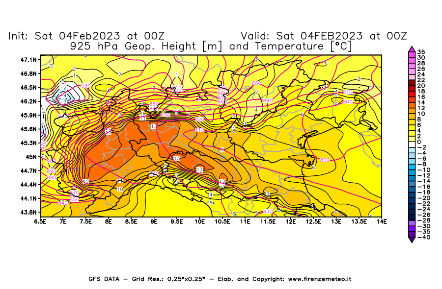 Mappa di analisi GFS - Geopotenziale [m] e Temperatura [°C] a 925 hPa in Nord-Italia
							del 04/02/2023 00 <!--googleoff: index-->UTC<!--googleon: index-->