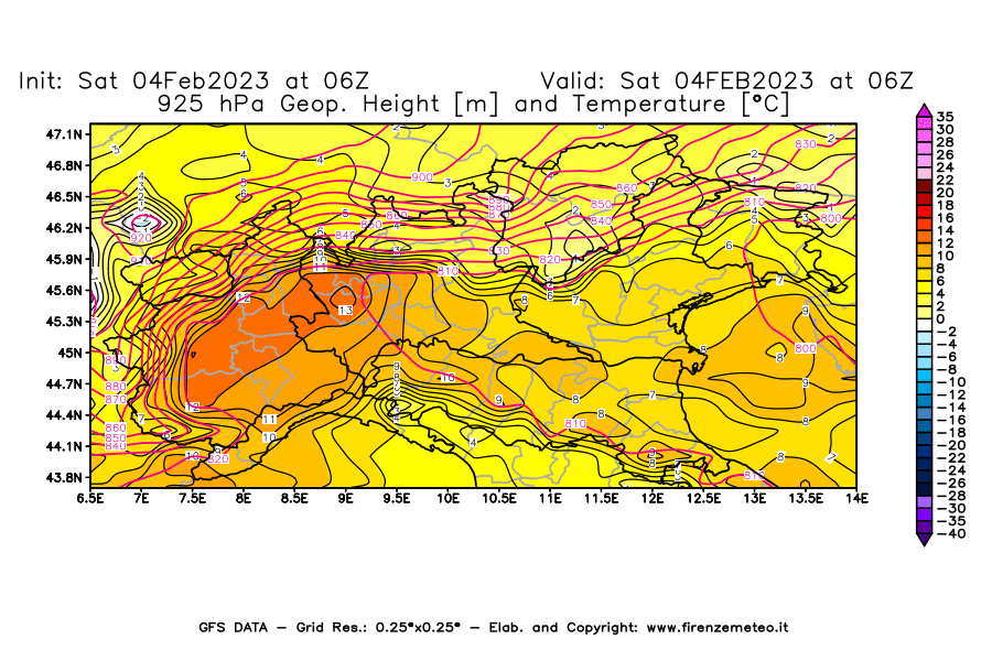 Mappa di analisi GFS - Geopotenziale [m] e Temperatura [°C] a 925 hPa in Nord-Italia
							del 04/02/2023 06 <!--googleoff: index-->UTC<!--googleon: index-->