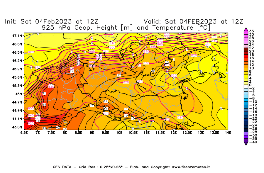 Mappa di analisi GFS - Geopotenziale [m] e Temperatura [°C] a 925 hPa in Nord-Italia
							del 04/02/2023 12 <!--googleoff: index-->UTC<!--googleon: index-->