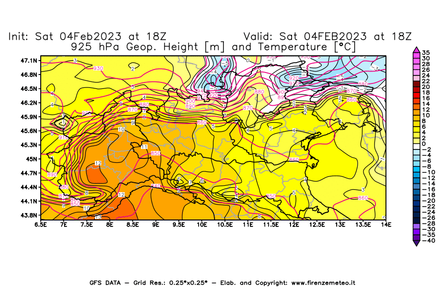 Mappa di analisi GFS - Geopotenziale [m] e Temperatura [°C] a 925 hPa in Nord-Italia
							del 04/02/2023 18 <!--googleoff: index-->UTC<!--googleon: index-->