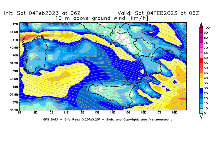 Mappa di analisi GFS - Velocità del vento a 10 metri dal suolo [km/h] in Sud-Italia
							del 04/02/2023 06 <!--googleoff: index-->UTC<!--googleon: index-->