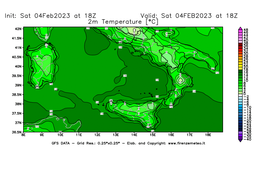 Mappa di analisi GFS - Temperatura a 2 metri dal suolo [°C] in Sud-Italia
							del 04/02/2023 18 <!--googleoff: index-->UTC<!--googleon: index-->