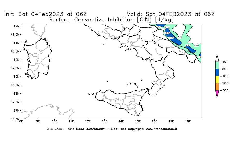 Mappa di analisi GFS - CIN [J/kg] in Sud-Italia
							del 04/02/2023 06 <!--googleoff: index-->UTC<!--googleon: index-->
