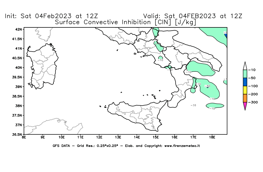 Mappa di analisi GFS - CIN [J/kg] in Sud-Italia
							del 04/02/2023 12 <!--googleoff: index-->UTC<!--googleon: index-->