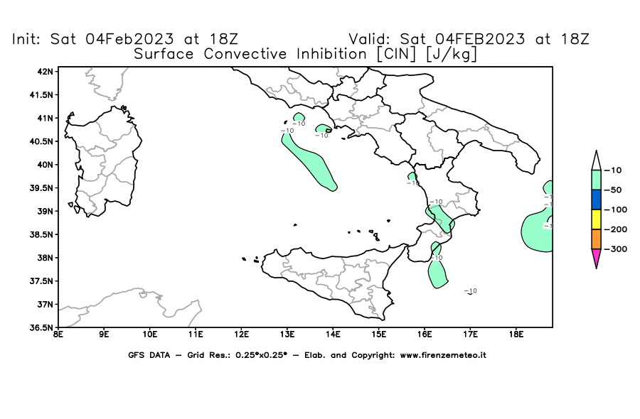 Mappa di analisi GFS - CIN [J/kg] in Sud-Italia
							del 04/02/2023 18 <!--googleoff: index-->UTC<!--googleon: index-->