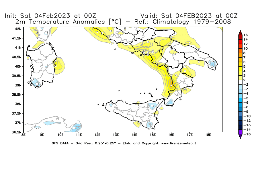 Mappa di analisi GFS - Anomalia Temperatura [°C] a 2 m in Sud-Italia
							del 04/02/2023 00 <!--googleoff: index-->UTC<!--googleon: index-->