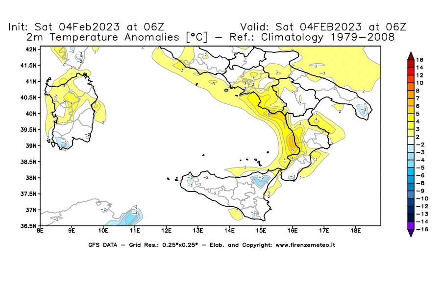 Mappa di analisi GFS - Anomalia Temperatura [°C] a 2 m in Sud-Italia
							del 04/02/2023 06 <!--googleoff: index-->UTC<!--googleon: index-->