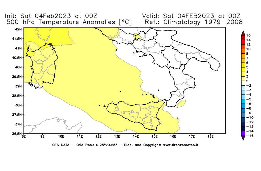 Mappa di analisi GFS - Anomalia Temperatura [°C] a 500 hPa in Sud-Italia
							del 04/02/2023 00 <!--googleoff: index-->UTC<!--googleon: index-->