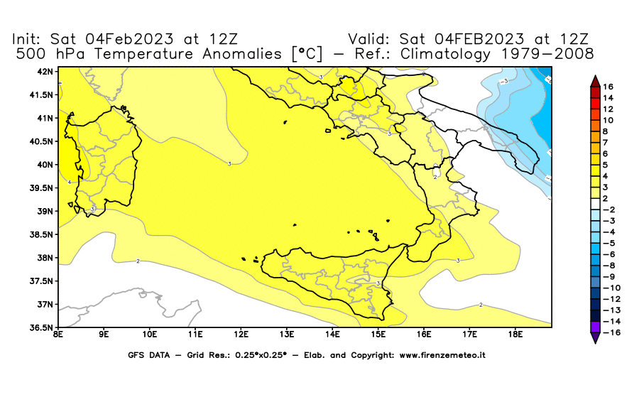 Mappa di analisi GFS - Anomalia Temperatura [°C] a 500 hPa in Sud-Italia
							del 04/02/2023 12 <!--googleoff: index-->UTC<!--googleon: index-->