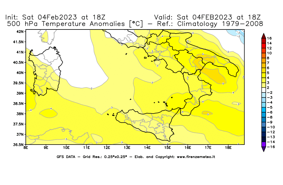 Mappa di analisi GFS - Anomalia Temperatura [°C] a 500 hPa in Sud-Italia
							del 04/02/2023 18 <!--googleoff: index-->UTC<!--googleon: index-->