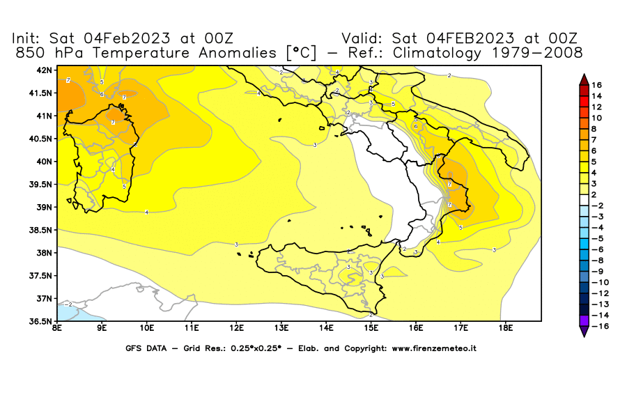 Mappa di analisi GFS - Anomalia Temperatura [°C] a 850 hPa in Sud-Italia
							del 04/02/2023 00 <!--googleoff: index-->UTC<!--googleon: index-->
