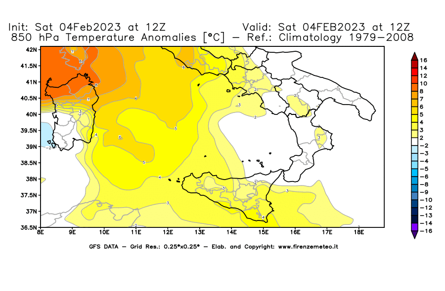 Mappa di analisi GFS - Anomalia Temperatura [°C] a 850 hPa in Sud-Italia
							del 04/02/2023 12 <!--googleoff: index-->UTC<!--googleon: index-->