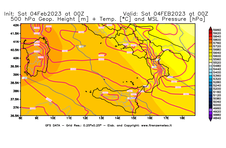 Mappa di analisi GFS - Geopotenziale [m] + Temp. [°C] a 500 hPa + Press. a livello del mare [hPa] in Sud-Italia
							del 04/02/2023 00 <!--googleoff: index-->UTC<!--googleon: index-->