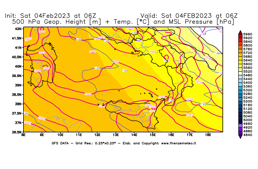 Mappa di analisi GFS - Geopotenziale [m] + Temp. [°C] a 500 hPa + Press. a livello del mare [hPa] in Sud-Italia
							del 04/02/2023 06 <!--googleoff: index-->UTC<!--googleon: index-->