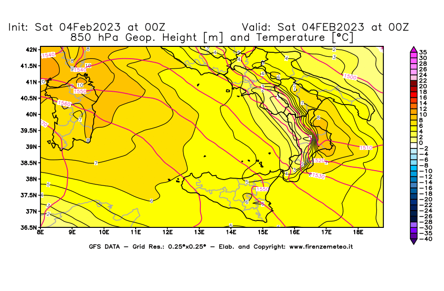 Mappa di analisi GFS - Geopotenziale [m] e Temperatura [°C] a 850 hPa in Sud-Italia
							del 04/02/2023 00 <!--googleoff: index-->UTC<!--googleon: index-->